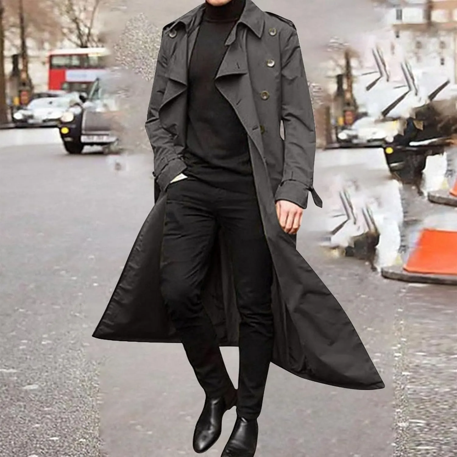 Mens Trench Coat Casual Fall Winter Pea Coat Warm Soft Windproof Overcoat Notched Lapel Collar Jacket Outwear