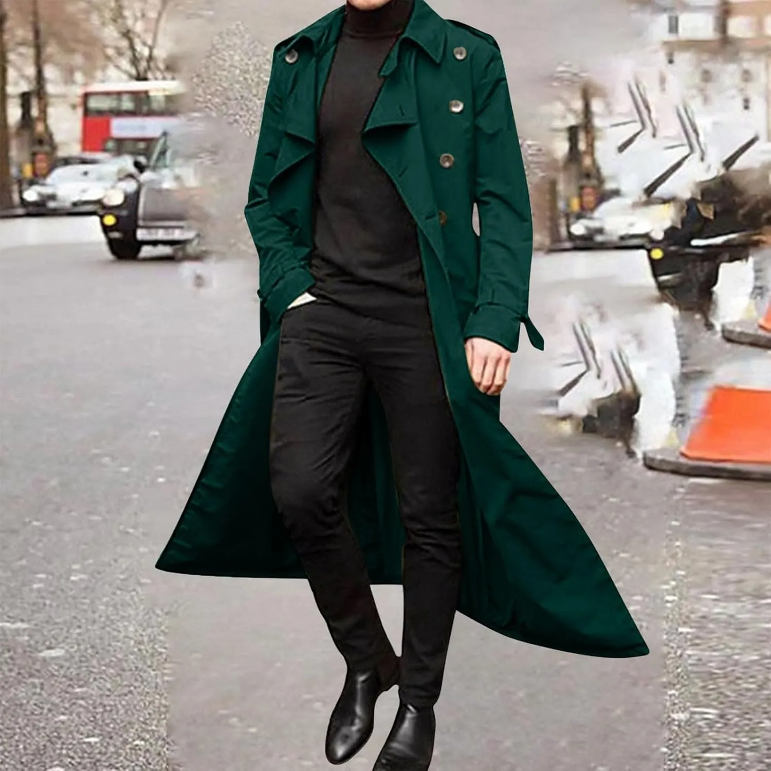 Mens Trench Coat Casual Fall Winter Pea Coat Warm Soft Windproof Overcoat Notched Lapel Collar Jacket Outwear
