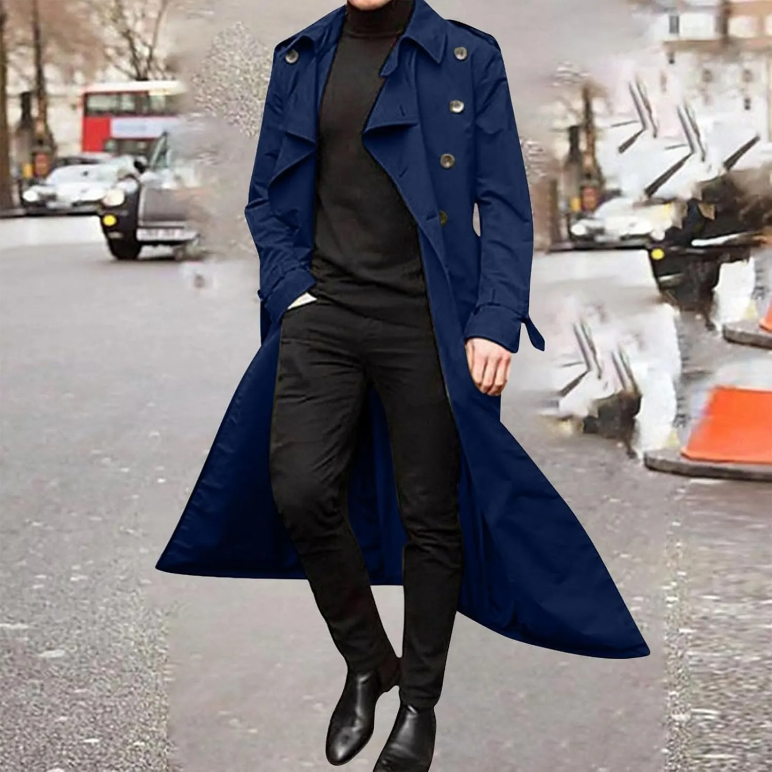 Mens Trench Coat Casual Fall Winter Pea Coat Warm Soft Windproof Overcoat Notched Lapel Collar Jacket Outwear