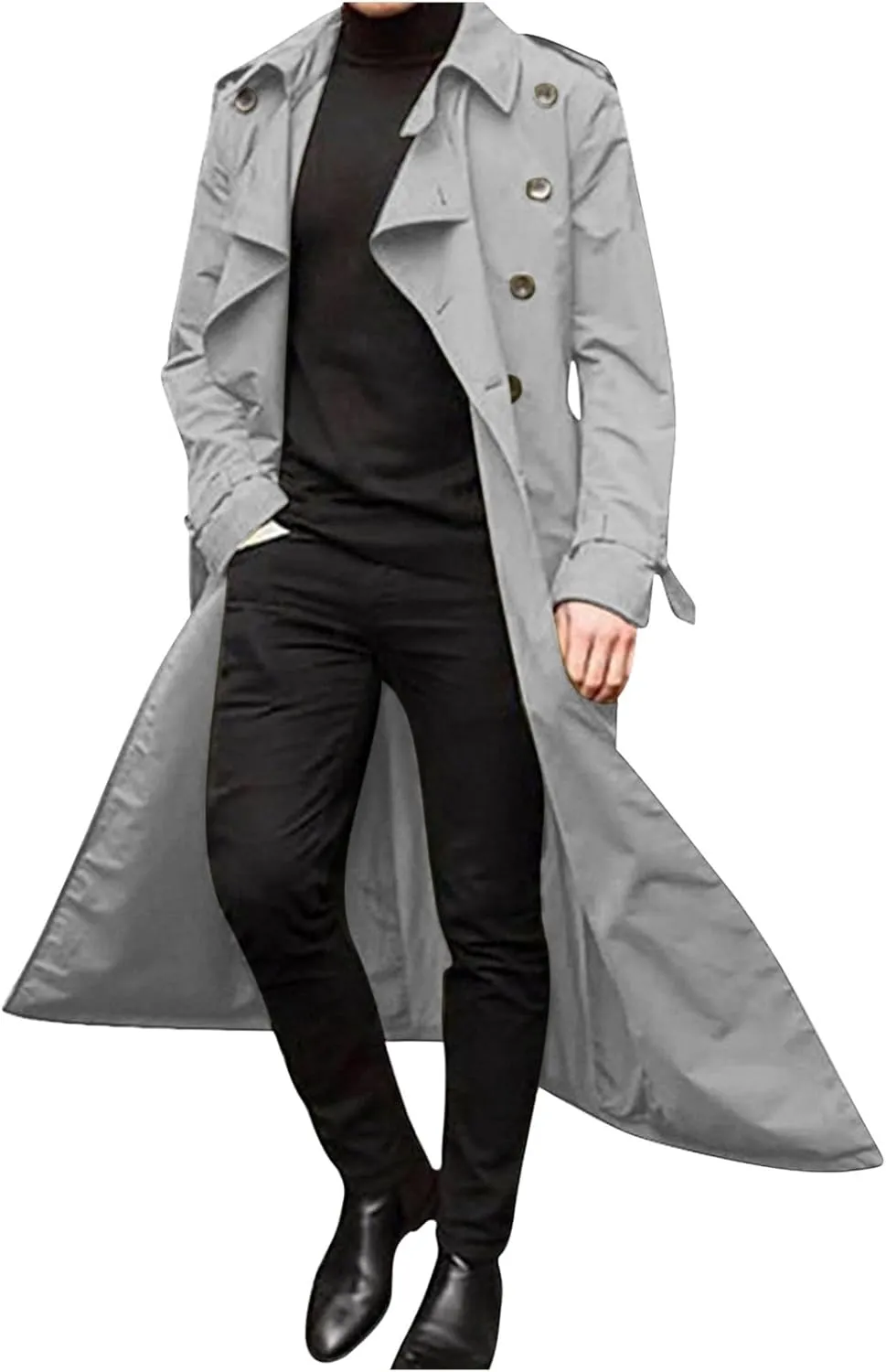 Mens Trench Coat Casual Fall Winter Pea Coat Warm Soft Windproof Overcoat Notched Lapel Collar Jacket Outwear