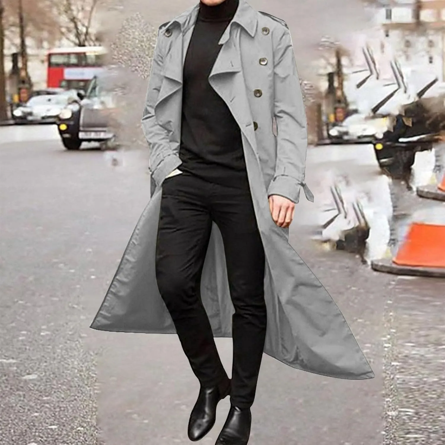 Mens Trench Coat Casual Fall Winter Pea Coat Warm Soft Windproof Overcoat Notched Lapel Collar Jacket Outwear