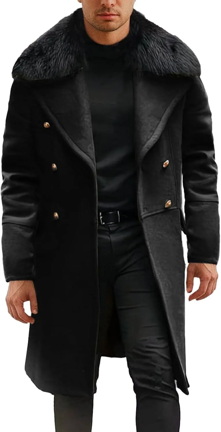 Men's Trench Coat Double Breasted Pea Coat Faux Fur Collar Long Coat Long Sleeve Lapel Overcoat Warm Winter Outwear