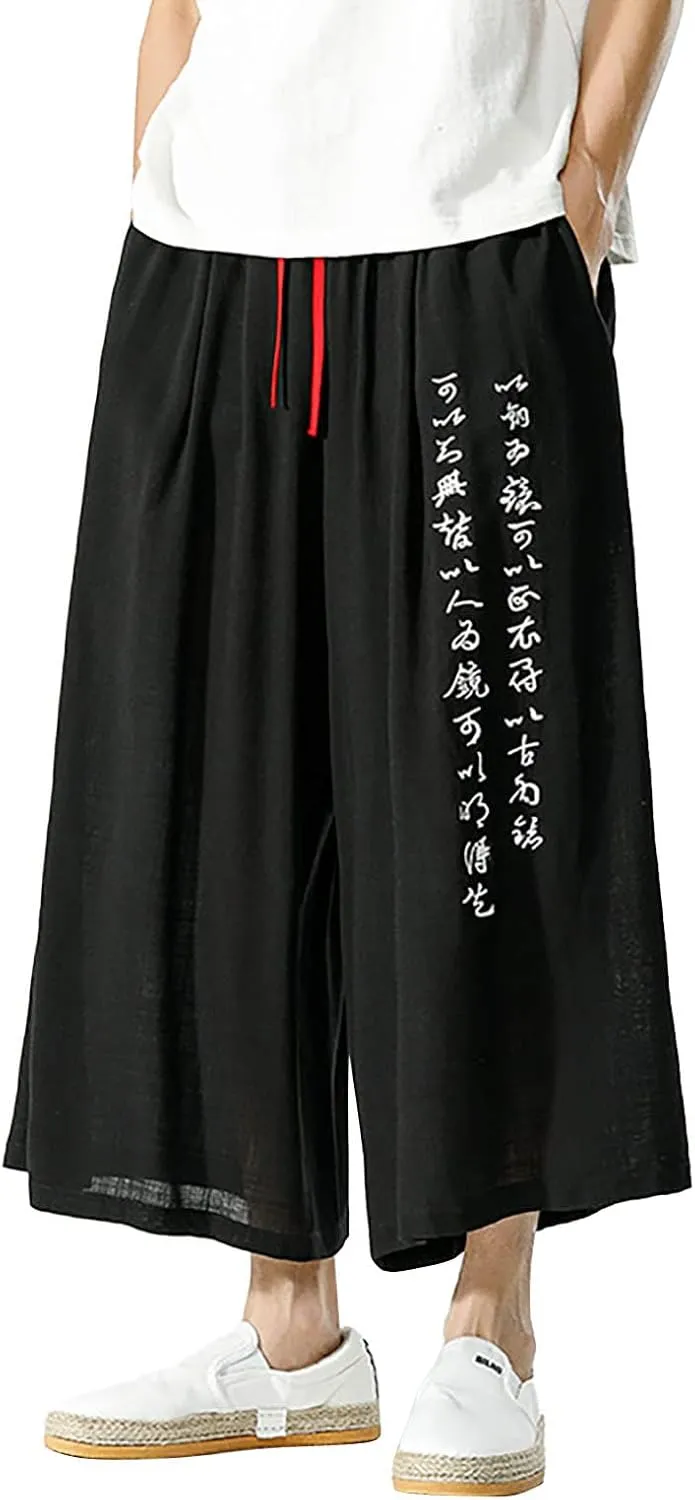 Men's Wide Leg Casual Harem Linen Japanese Yoga Harem Pants Hip hop Joggers Baggy Elastic Waist Summer Beach Pants