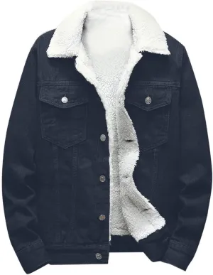 Men's Winter Coat: Fleece Lined Denim Jacket with Pockets, Big & Tall Sizes, Multicoloured
