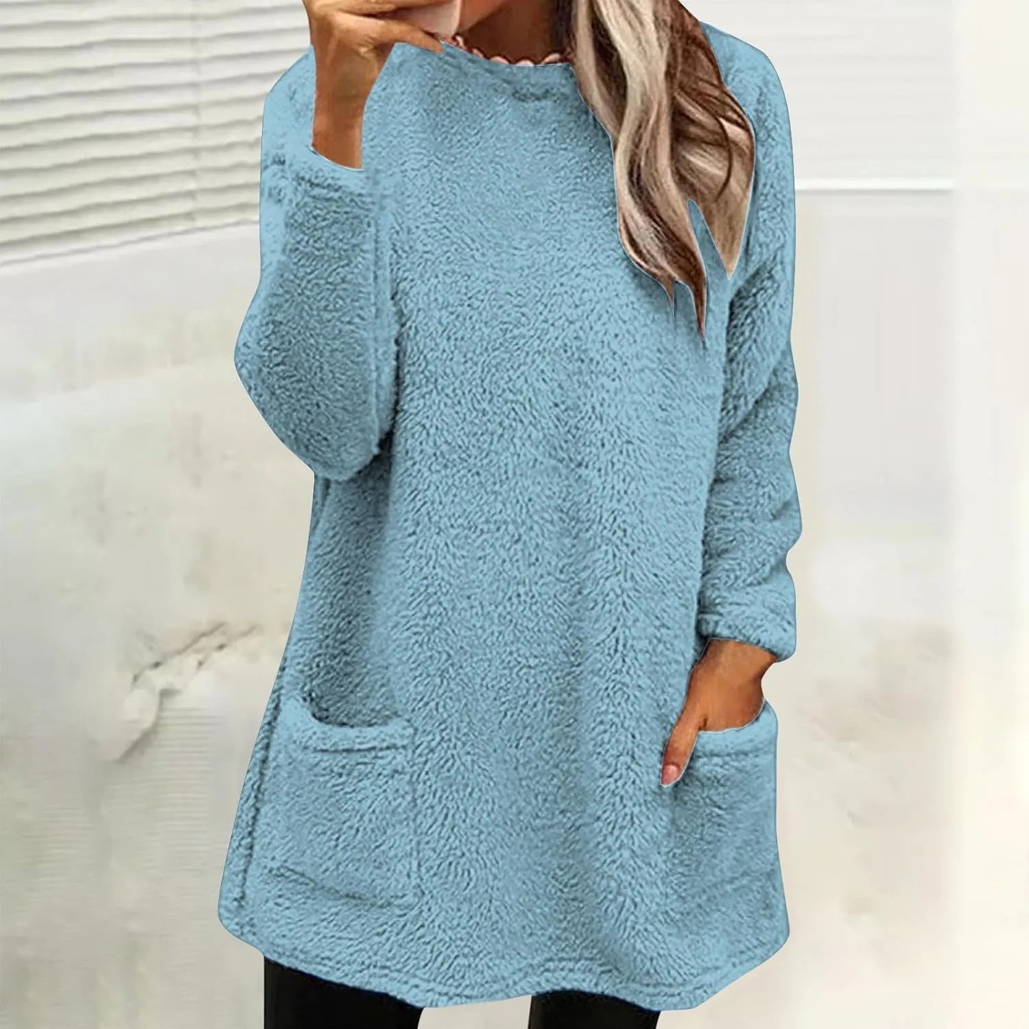 midelxp 2024 Soft Sherpa Pullover Womens Oversized Fuzzy Fleece Crewneck Sweatshirts Winter Faux Fur Loungewear with Pockets
