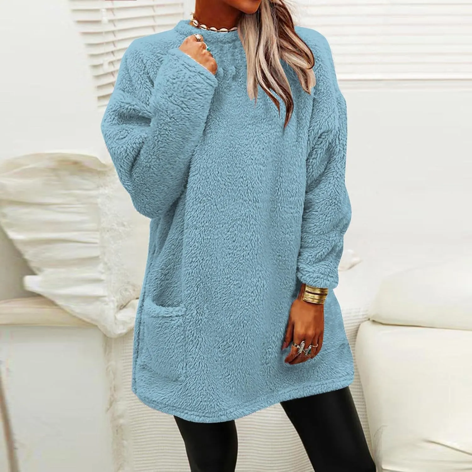 midelxp 2024 Soft Sherpa Pullover Womens Oversized Fuzzy Fleece Crewneck Sweatshirts Winter Faux Fur Loungewear with Pockets
