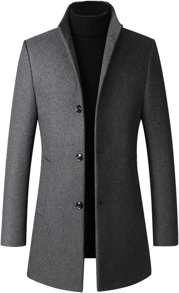 Minibee Men's Trench Woolen Coat Winter Stylish Long Slim Fit Luxury Wool Blend Topcoat Business Down Jacket