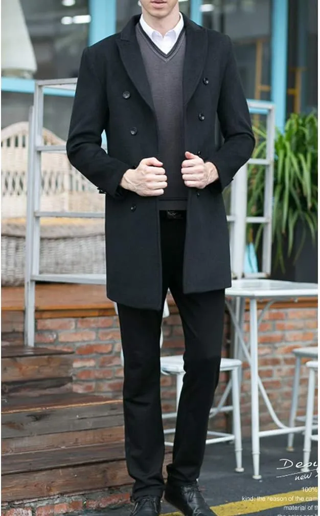 Minibee Men's Woolen Trench Coat Double Breasted Slim Fit Winter Overcoat Long Jacket Business Pea Jacket