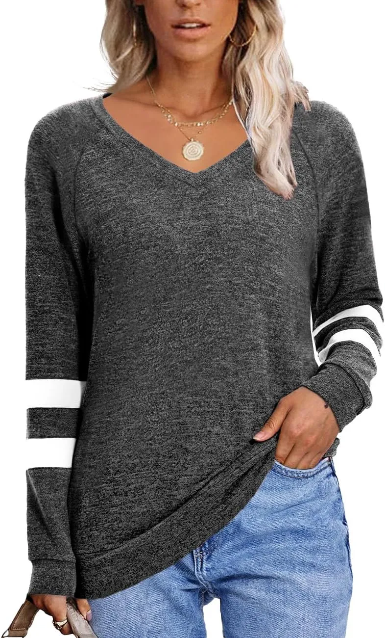 MixShe Womens Tops Fall Fashion Sweatshirt for Women Sweaters V Neck Long Sleeve Shirts Trendy Clothes