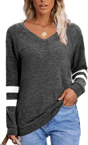 MixShe Womens Tops Fall Fashion Sweatshirt for Women Sweaters V Neck Long Sleeve Shirts Trendy Clothes