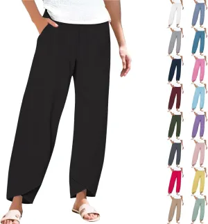 Miyaomn Linen Pants for Women Casual Summer Elastic Waist Capri Pants Solid Color Loose Wide Leg Cropped Trousers with Pocket
