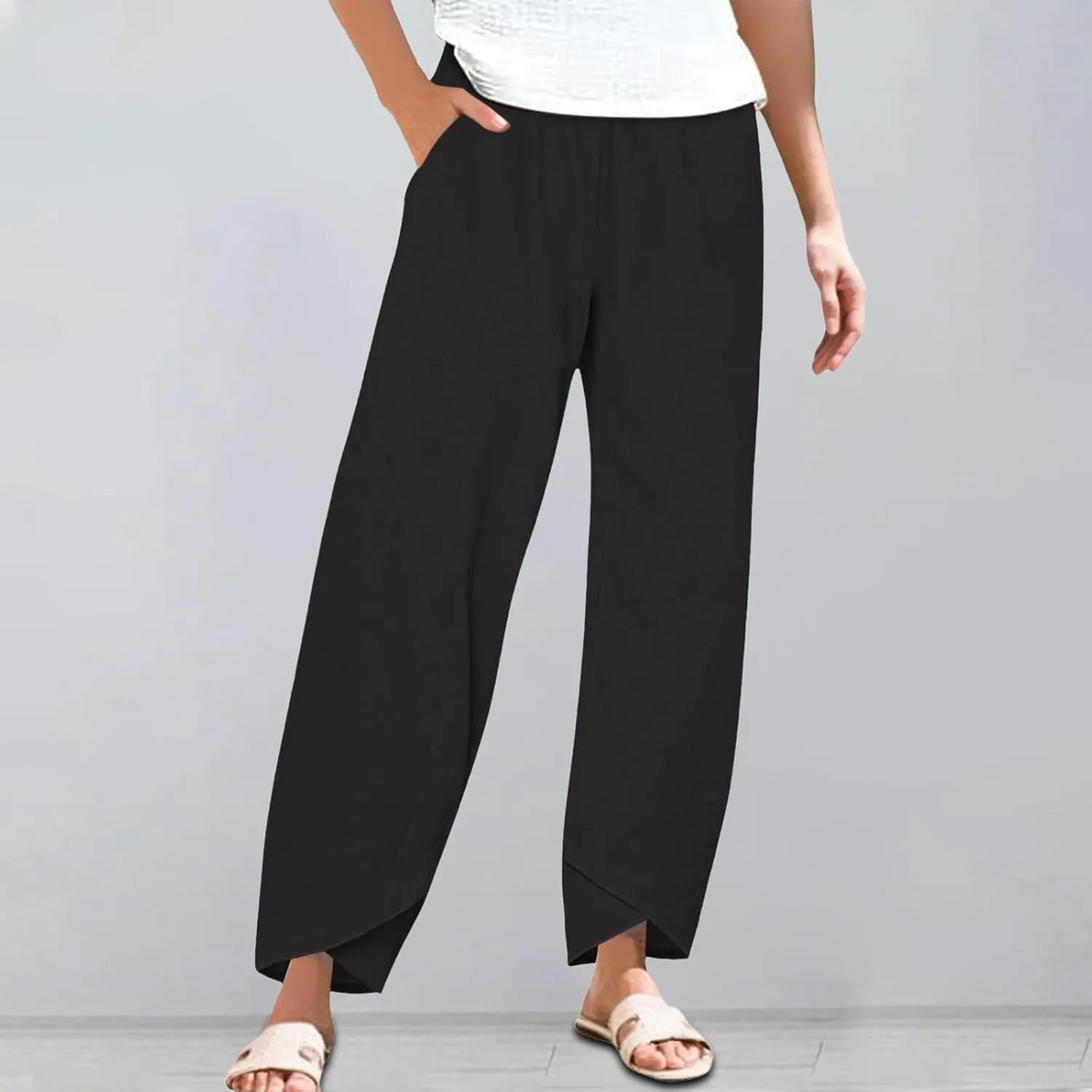 Miyaomn Linen Pants for Women Casual Summer Elastic Waist Capri Pants Solid Color Loose Wide Leg Cropped Trousers with Pocket