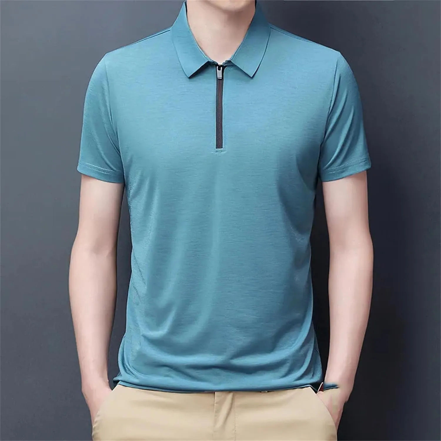 Mnjyihy Men Summer Short Sleeve Polo Shirt Solid Thin Zipper Collar Business Slim Quick-Dry Casual Golf T-Shirt