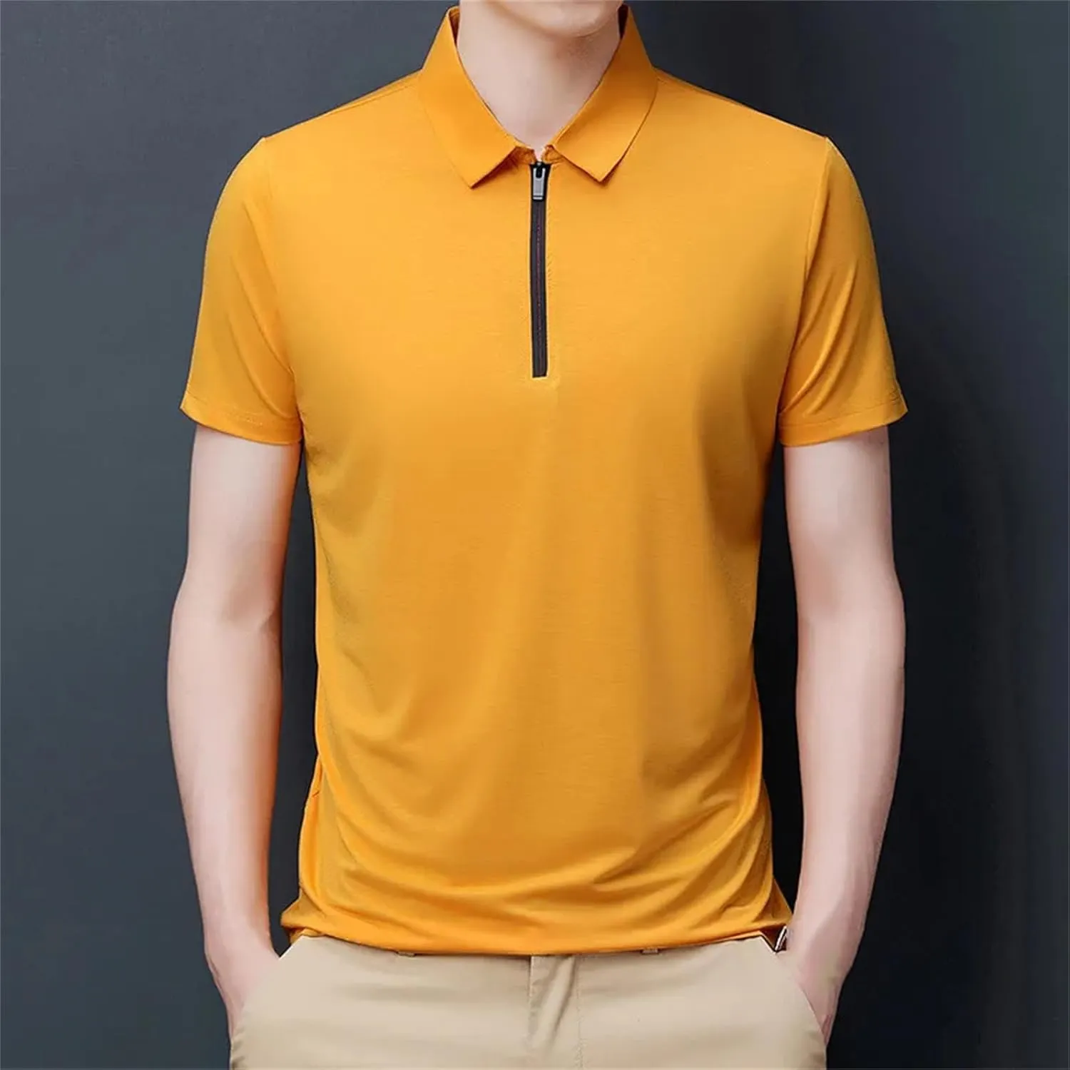 Mnjyihy Men Summer Short Sleeve Polo Shirt Solid Thin Zipper Collar Business Slim Quick-Dry Casual Golf T-Shirt