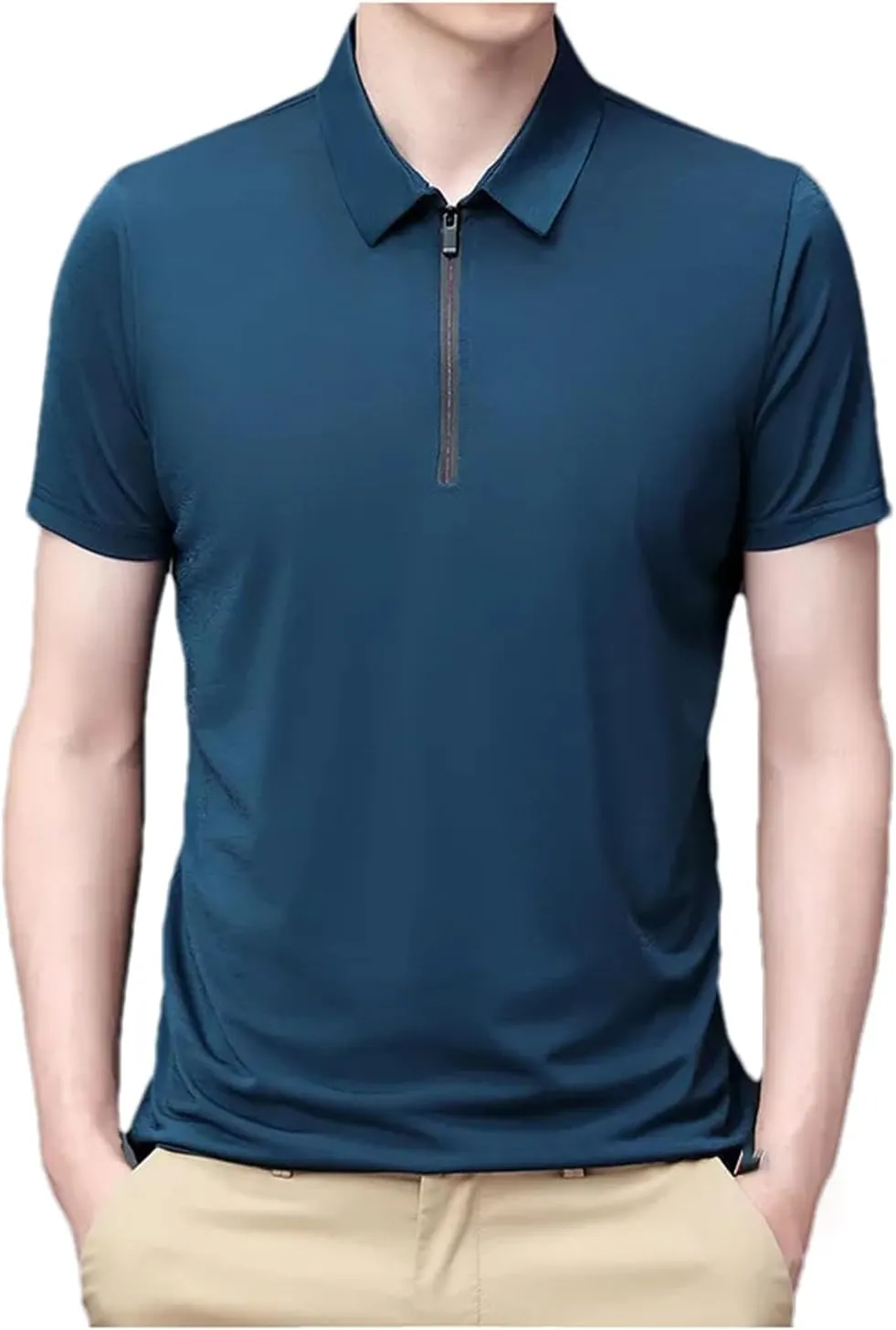 Mnjyihy Men Summer Short Sleeve Polo Shirt Solid Thin Zipper Collar Business Slim Quick-Dry Casual Golf T-Shirt
