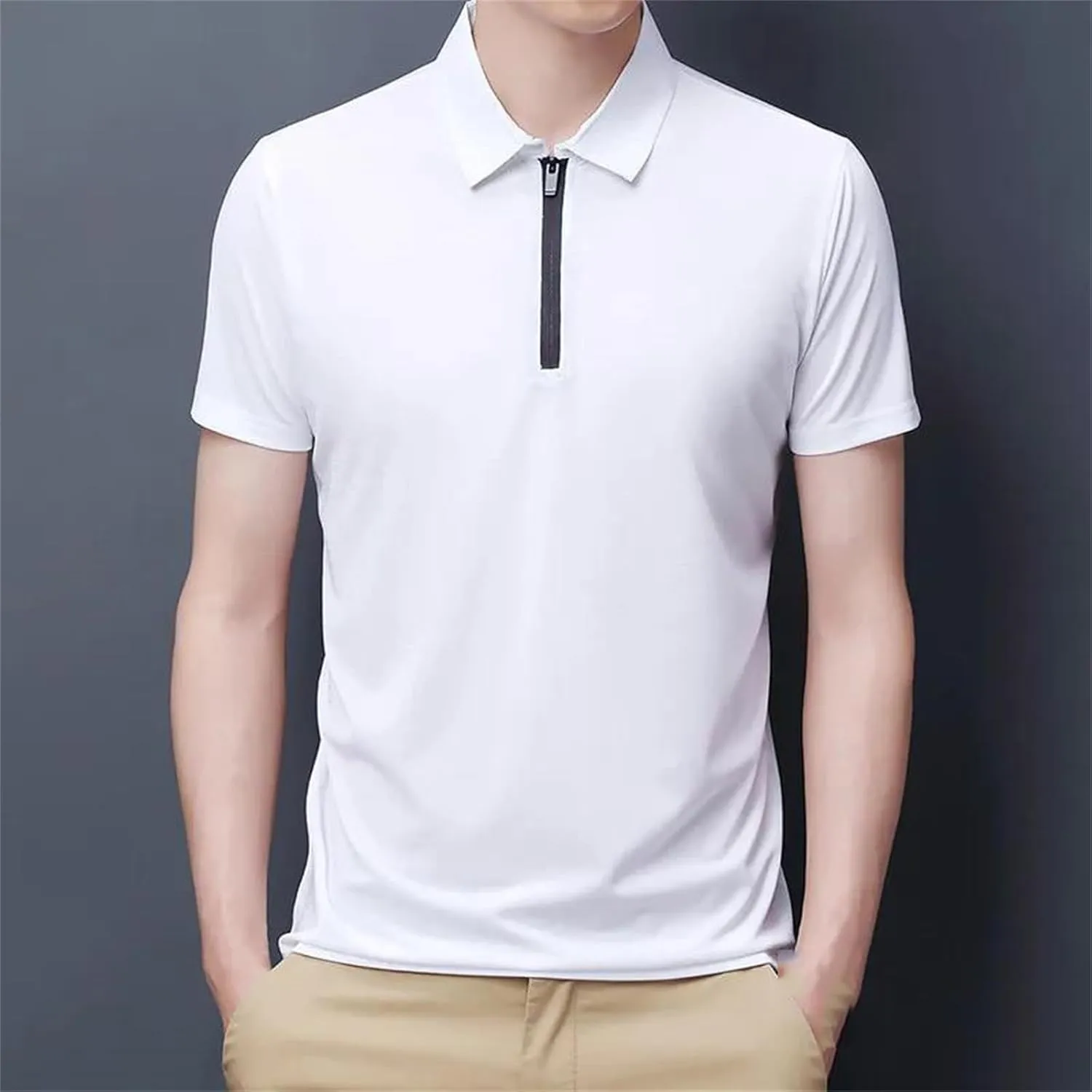 Mnjyihy Men Summer Short Sleeve Polo Shirt Solid Thin Zipper Collar Business Slim Quick-Dry Casual Golf T-Shirt