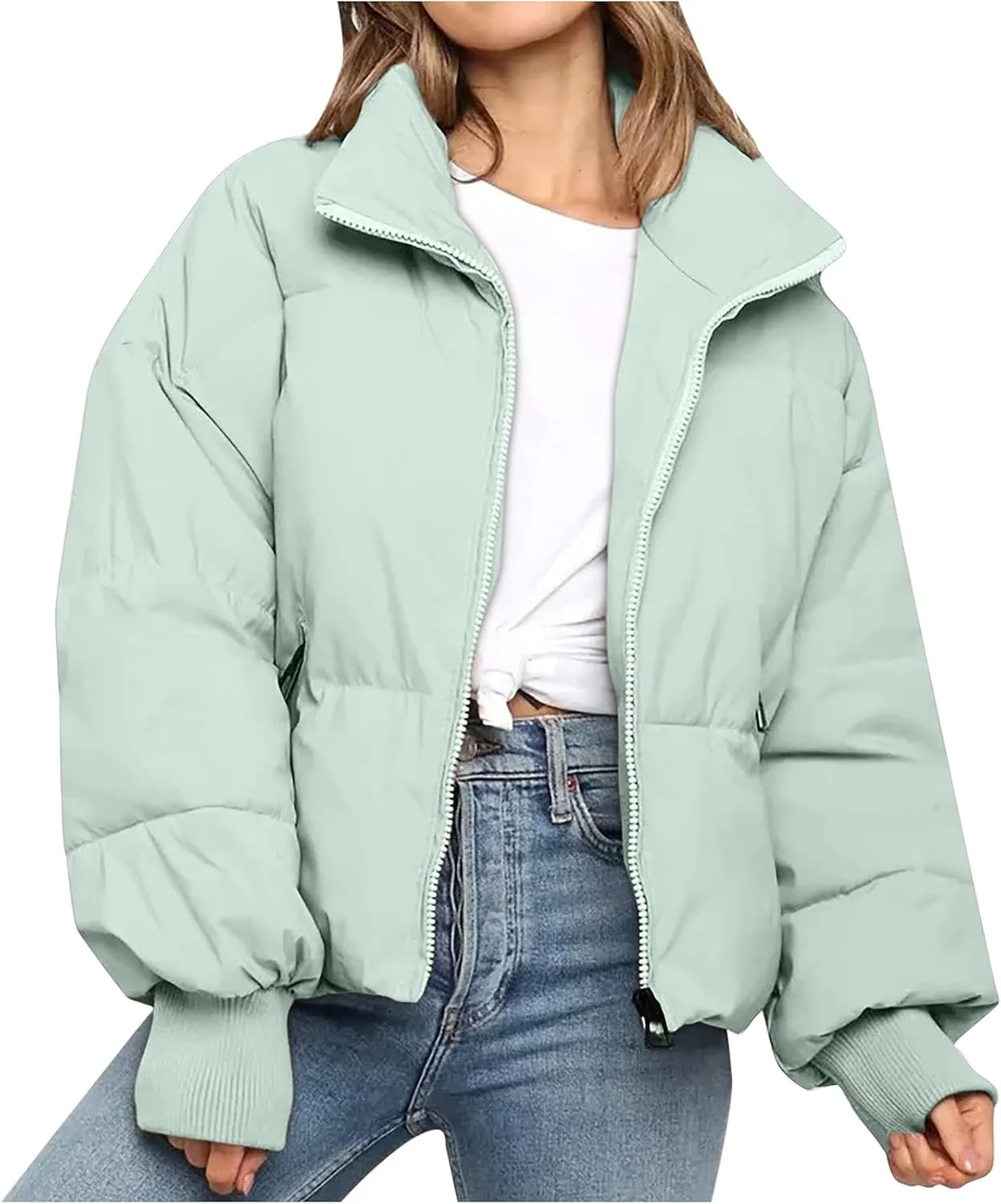 NaRHbrg Women Down Jacket, Women's Winter Warm Puffer Down Coats Stand Collar Long Sleeve Outerwear Jacket Padded Coat