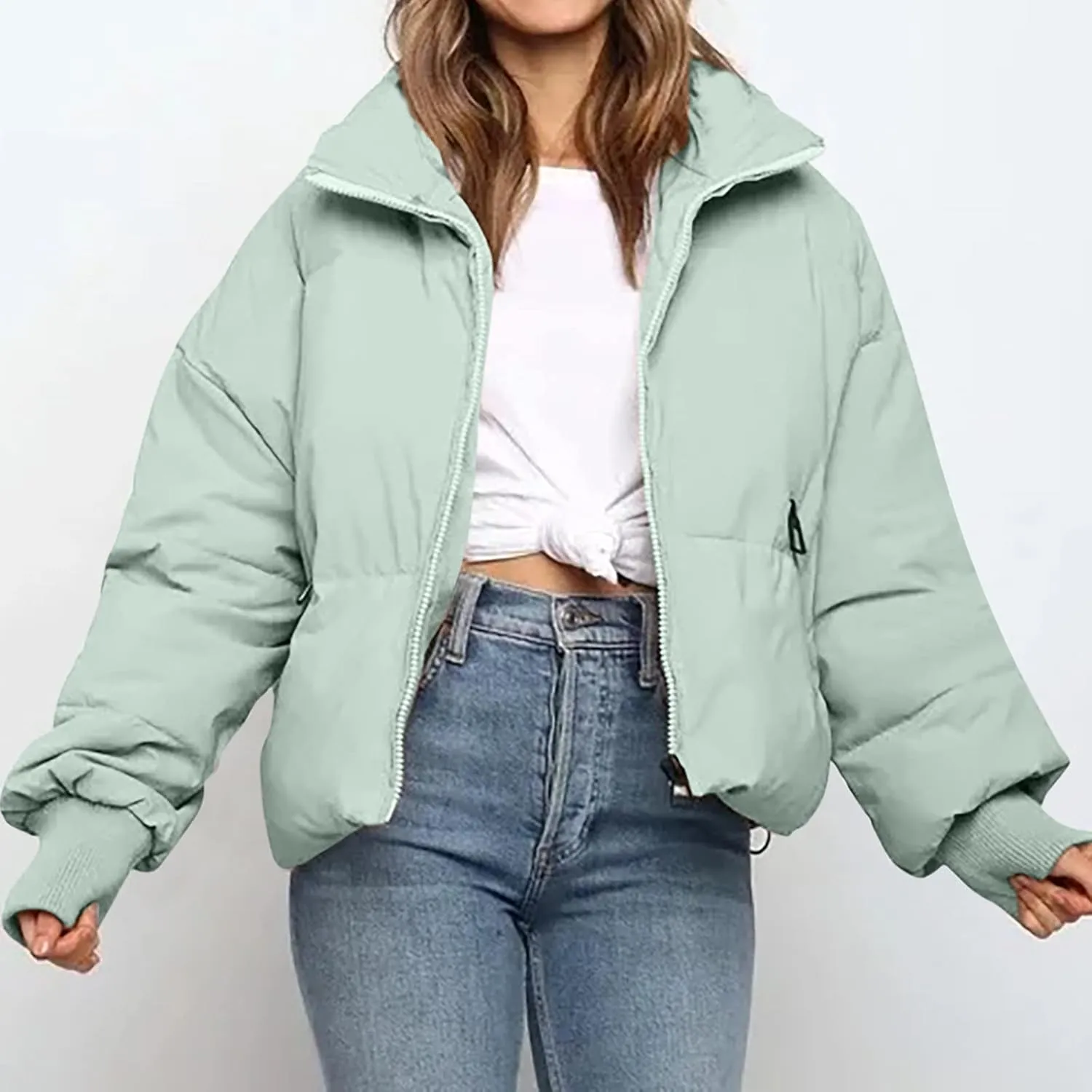 NaRHbrg Women Down Jacket, Women's Winter Warm Puffer Down Coats Stand Collar Long Sleeve Outerwear Jacket Padded Coat