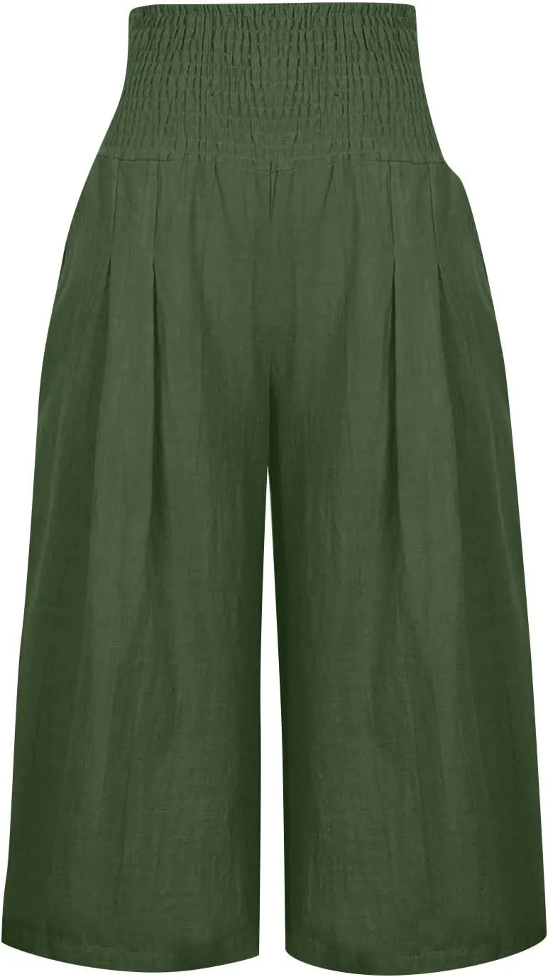 NBXNZWF Capris Pants for Women Cotton Linen 2025 Casual Summer Straight Wide Leg Loose Elastic High Waist Cropped Trouser