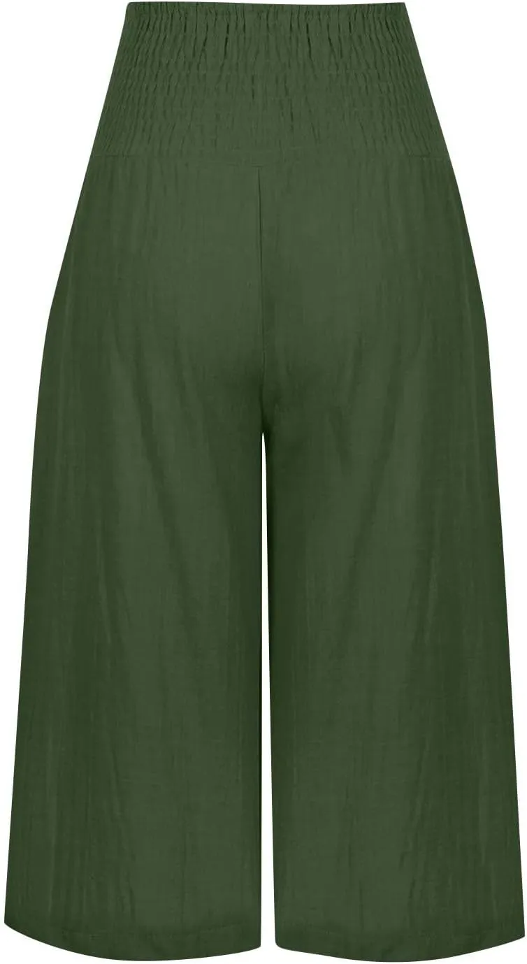 NBXNZWF Capris Pants for Women Cotton Linen 2025 Casual Summer Straight Wide Leg Loose Elastic High Waist Cropped Trouser