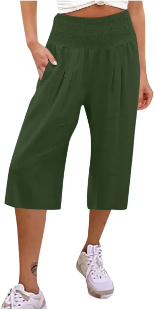 NBXNZWF Capris Pants for Women Cotton Linen 2025 Casual Summer Straight Wide Leg Loose Elastic High Waist Cropped Trouser