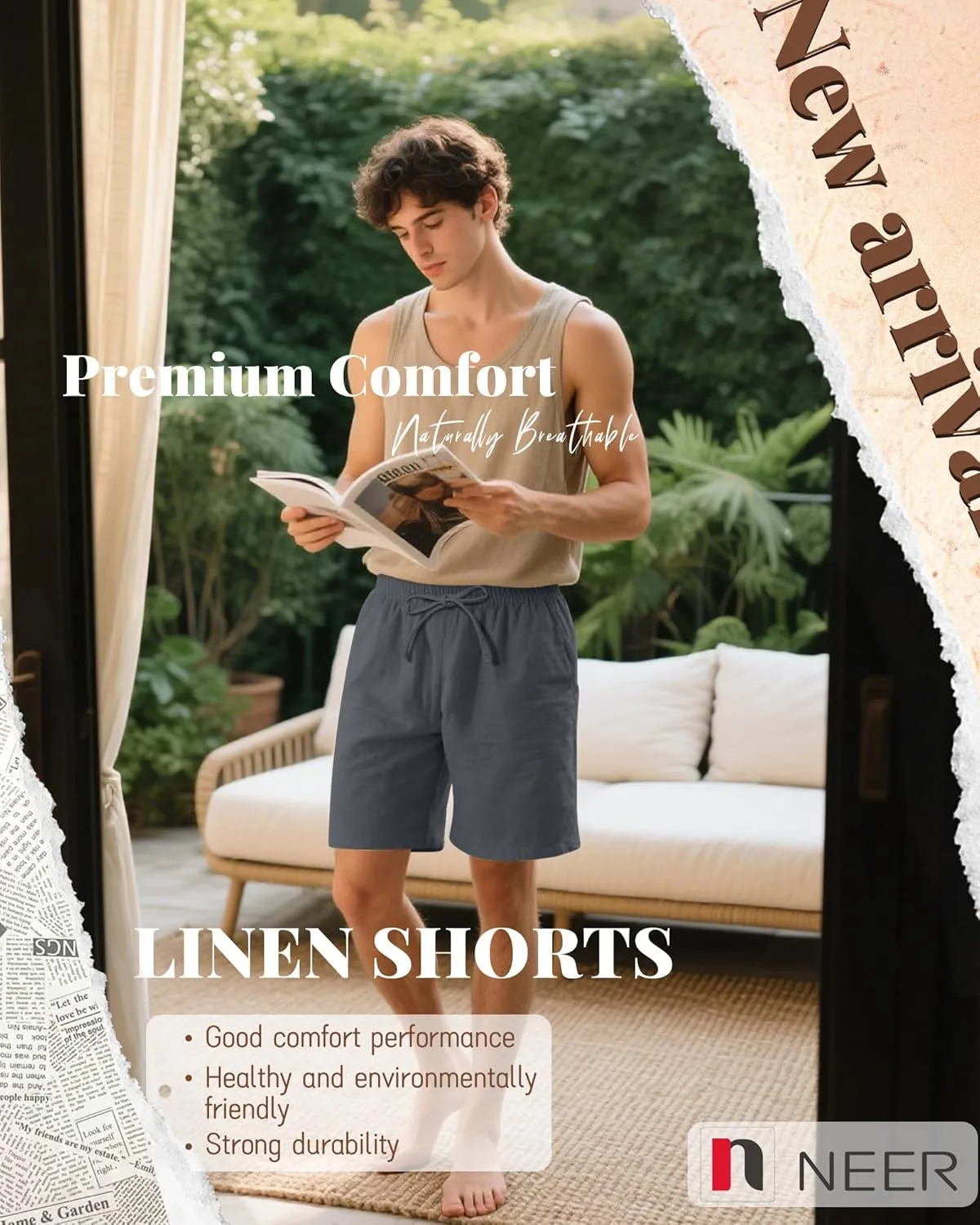 Neer 3 Pack Men's Cotton Linen Shorts Elastic Waist Drawstring Summer Casual Beach Shorts with Pockets