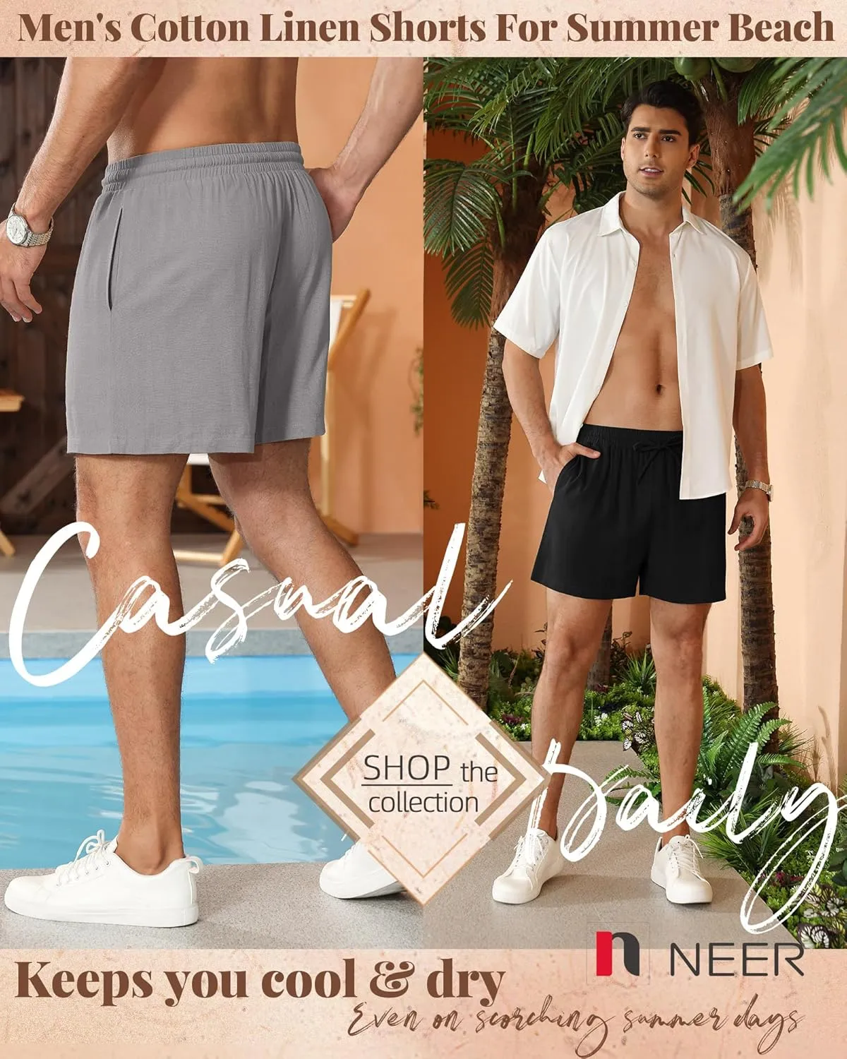 Neer 3 Pack Men's Cotton Linen Shorts Elastic Waist Drawstring Summer Casual Beach Shorts with Pockets