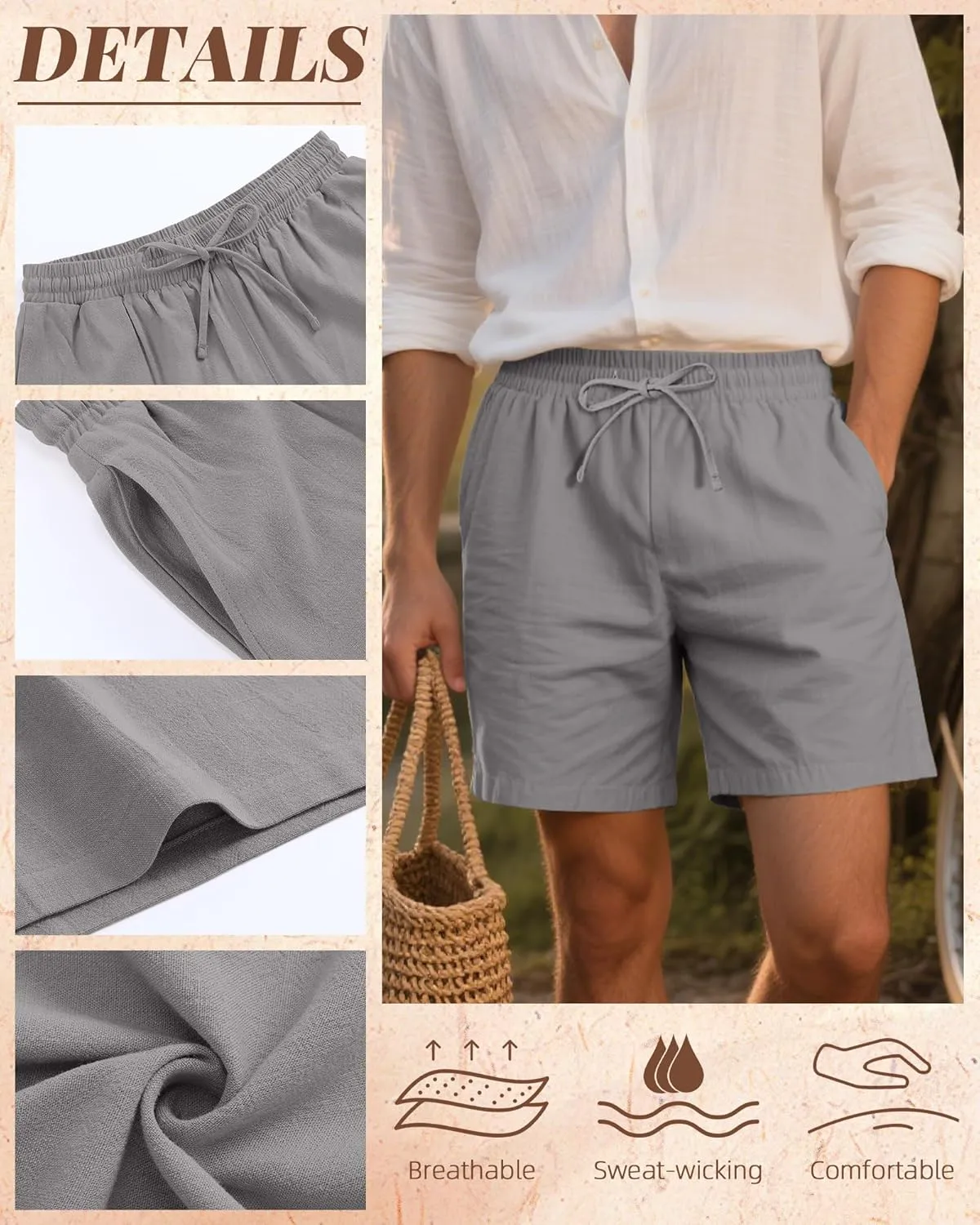 Neer 3 Pack Men's Cotton Linen Shorts Elastic Waist Drawstring Summer Casual Beach Shorts with Pockets