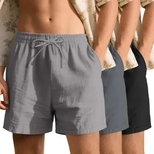 Neer 3 Pack Men's Cotton Linen Shorts Elastic Waist Drawstring Summer Casual Beach Shorts with Pockets