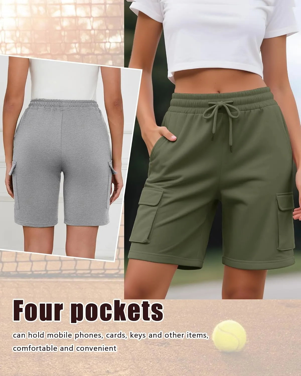 Neer 3 Pack Women's Bermuda Shorts Casual Drawstring Elastic Waist Knee Length Yoga Shorts with Pockets