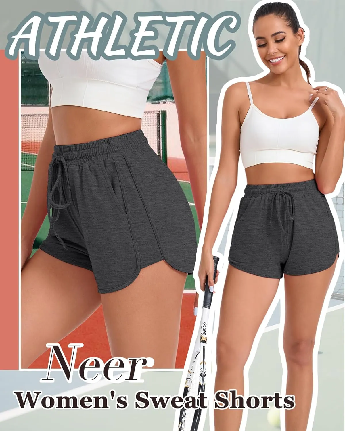 Neer 4 Pack Women's Sweat Shorts, Cotton Casual Athletic Workout Shorts with Pockets Drawstring Summer Lounge Bottoms