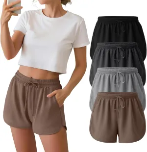 Neer 4 Pack Women's Sweat Shorts, Cotton Casual Athletic Workout Shorts with Pockets Drawstring Summer Lounge Bottoms