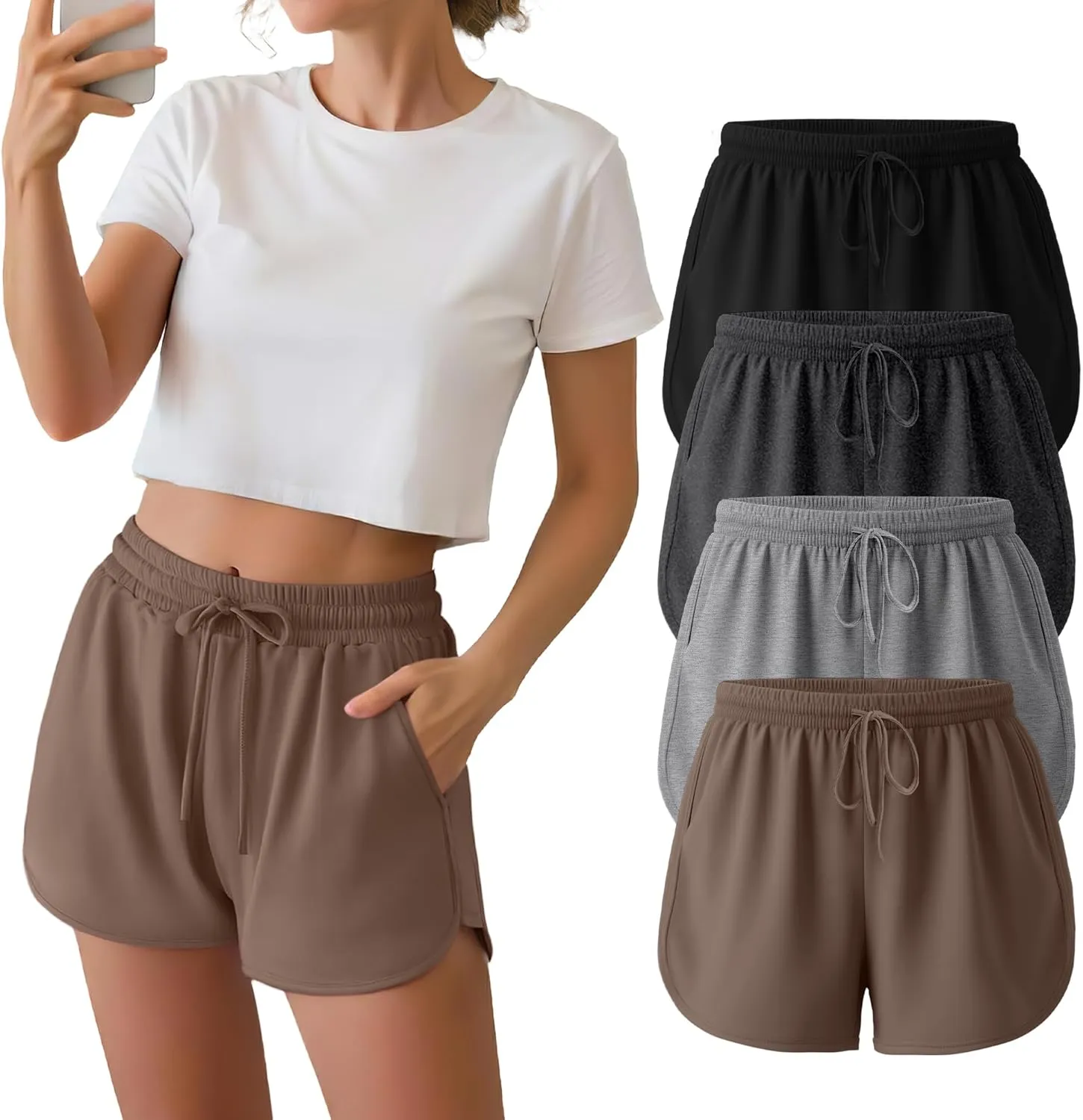 Neer 4 Pack Women's Sweat Shorts, Cotton Casual Athletic Workout Shorts with Pockets Drawstring Summer Lounge Bottoms