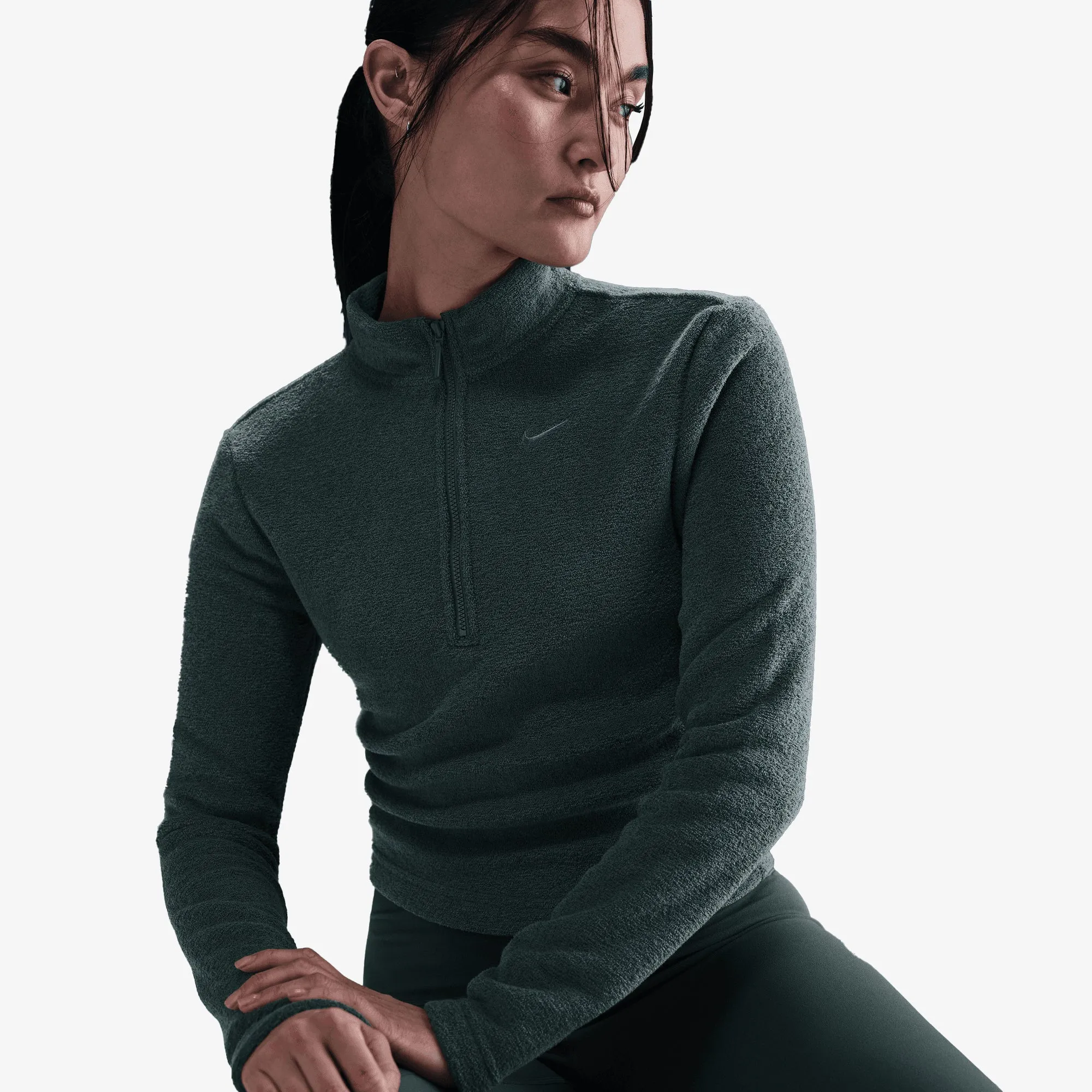 NIKE | WMN'S SLIM LONG-SLEEVE COZY FLEECE 1/2-ZIP TOP { VINTAGE GREEN/BICOASTAL