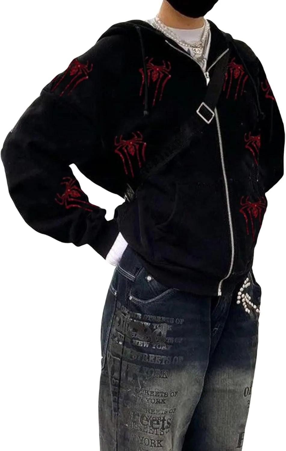 Nituyy Women Oversized Zip Up Hoodie Jacket Long Sleveve Diamond Skull Casual Grunge Hooded Sweatshirt with Pockets