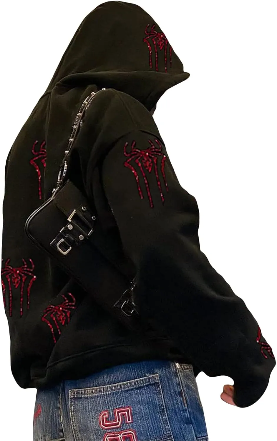 Nituyy Women Oversized Zip Up Hoodie Jacket Long Sleveve Diamond Skull Casual Grunge Hooded Sweatshirt with Pockets