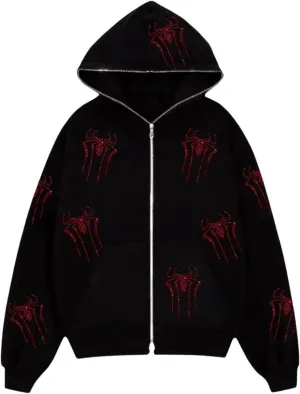 Nituyy Women Oversized Zip Up Hoodie Jacket Long Sleveve Diamond Skull Casual Grunge Hooded Sweatshirt with Pockets