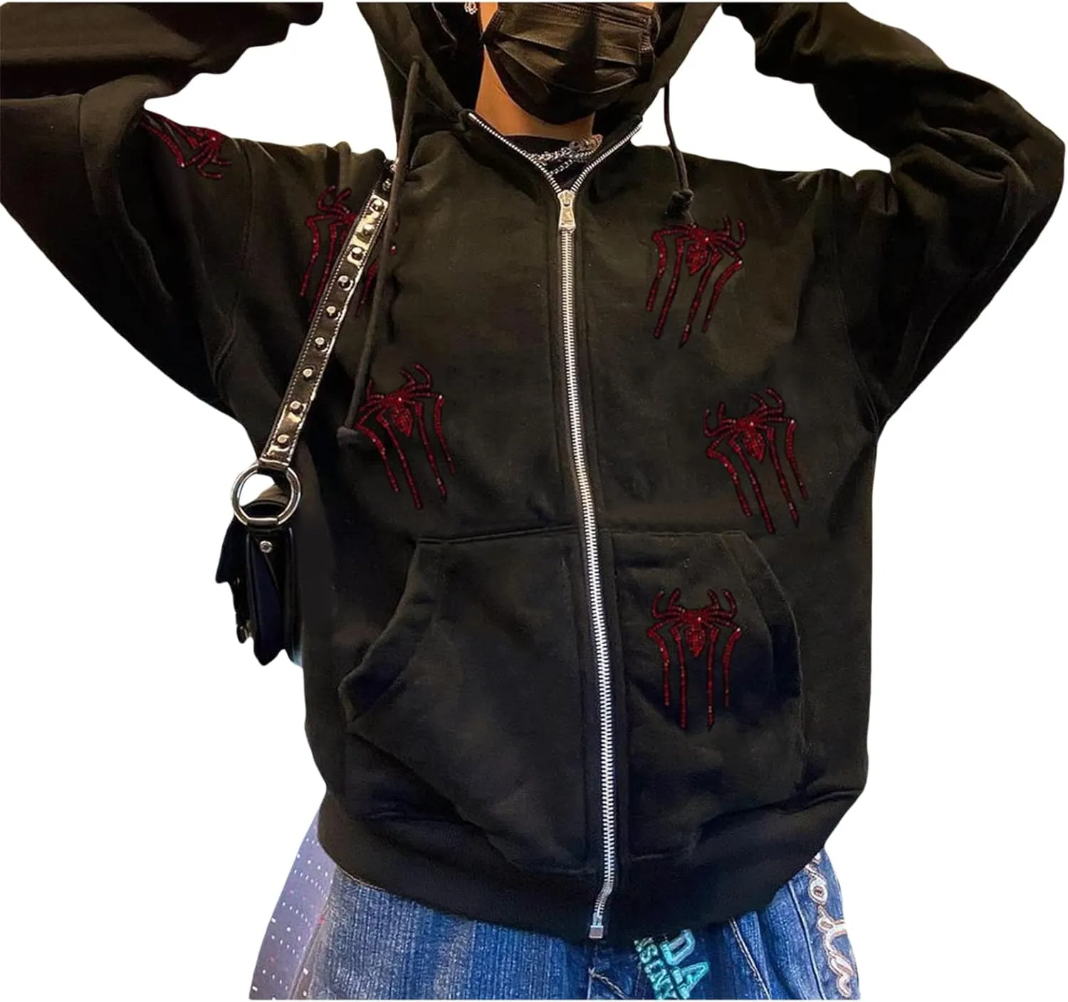 Nituyy Women Oversized Zip Up Hoodie Jacket Long Sleveve Diamond Skull Casual Grunge Hooded Sweatshirt with Pockets