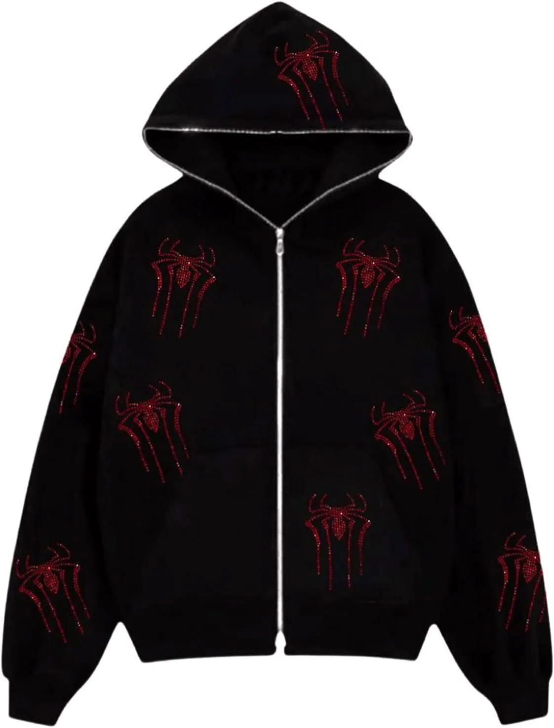 Nituyy Women Oversized Zip Up Hoodie Jacket Long Sleveve Diamond Skull Casual Grunge Hooded Sweatshirt with Pockets