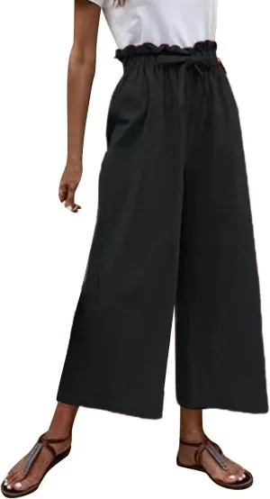 niuwa Womens Summer Cotton Linen Casual Long Pant High Waist Loose Fit Casual Trousers Comfy Pants (Black, XXXL)