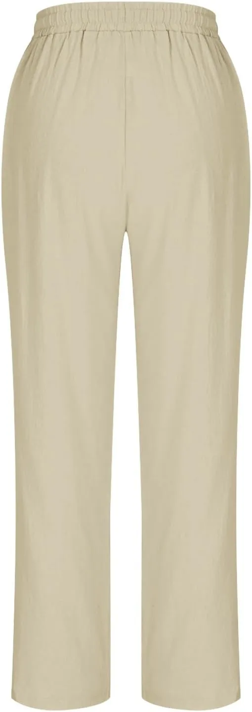 Oplxuo Cotton Linen Pants for Women Casual Straight Leg Elastic Waist Drawstring Trousers Beach Summer Pants with Pockets