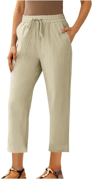 Oplxuo Cotton Linen Pants for Women Casual Straight Leg Elastic Waist Drawstring Trousers Beach Summer Pants with Pockets