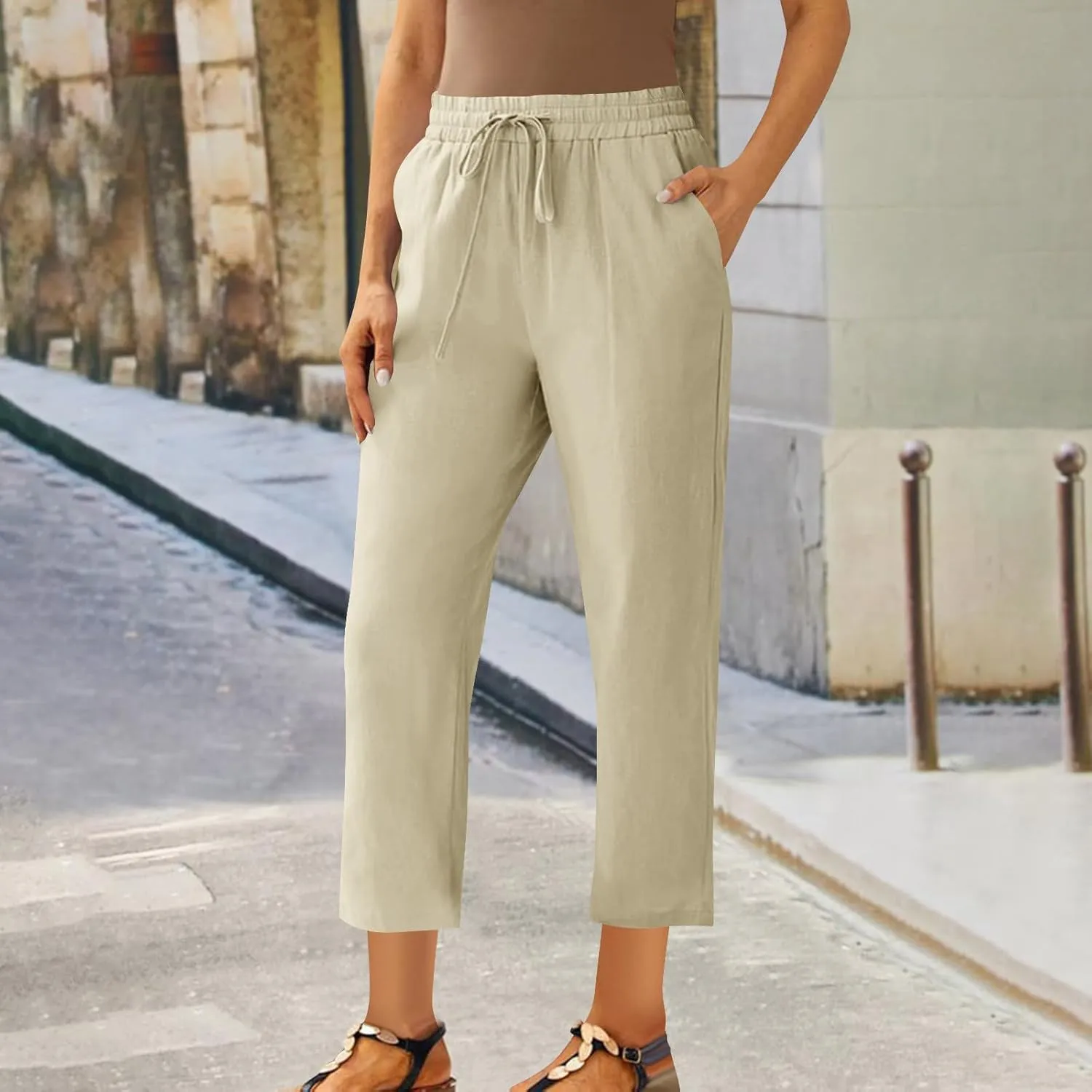 Oplxuo Cotton Linen Pants for Women Casual Straight Leg Elastic Waist Drawstring Trousers Beach Summer Pants with Pockets
