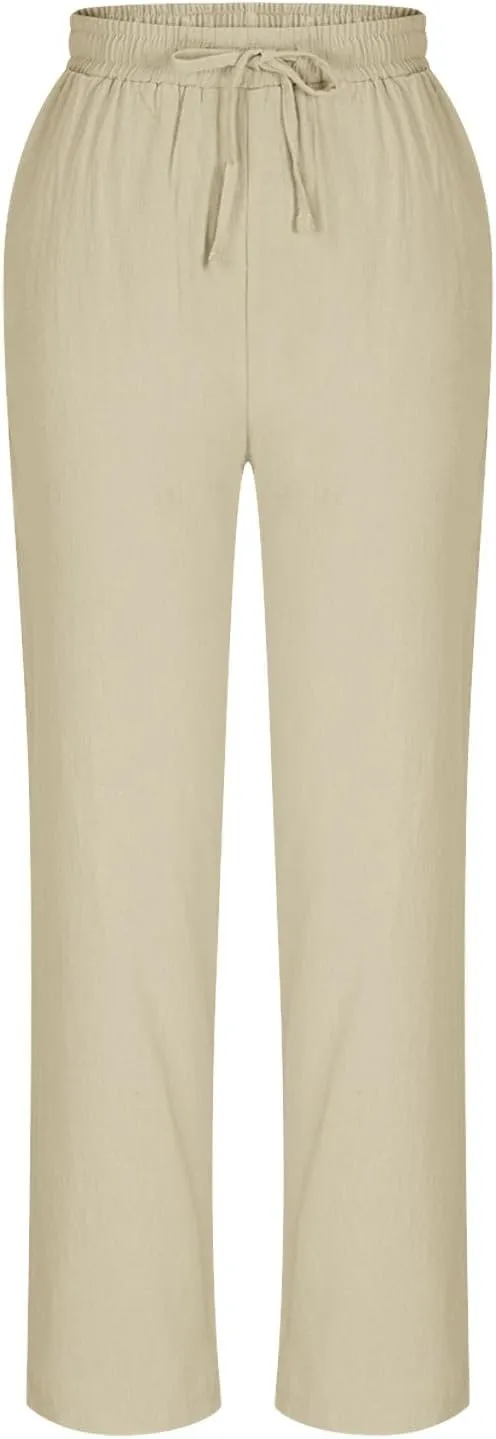 Oplxuo Cotton Linen Pants for Women Casual Straight Leg Elastic Waist Drawstring Trousers Beach Summer Pants with Pockets