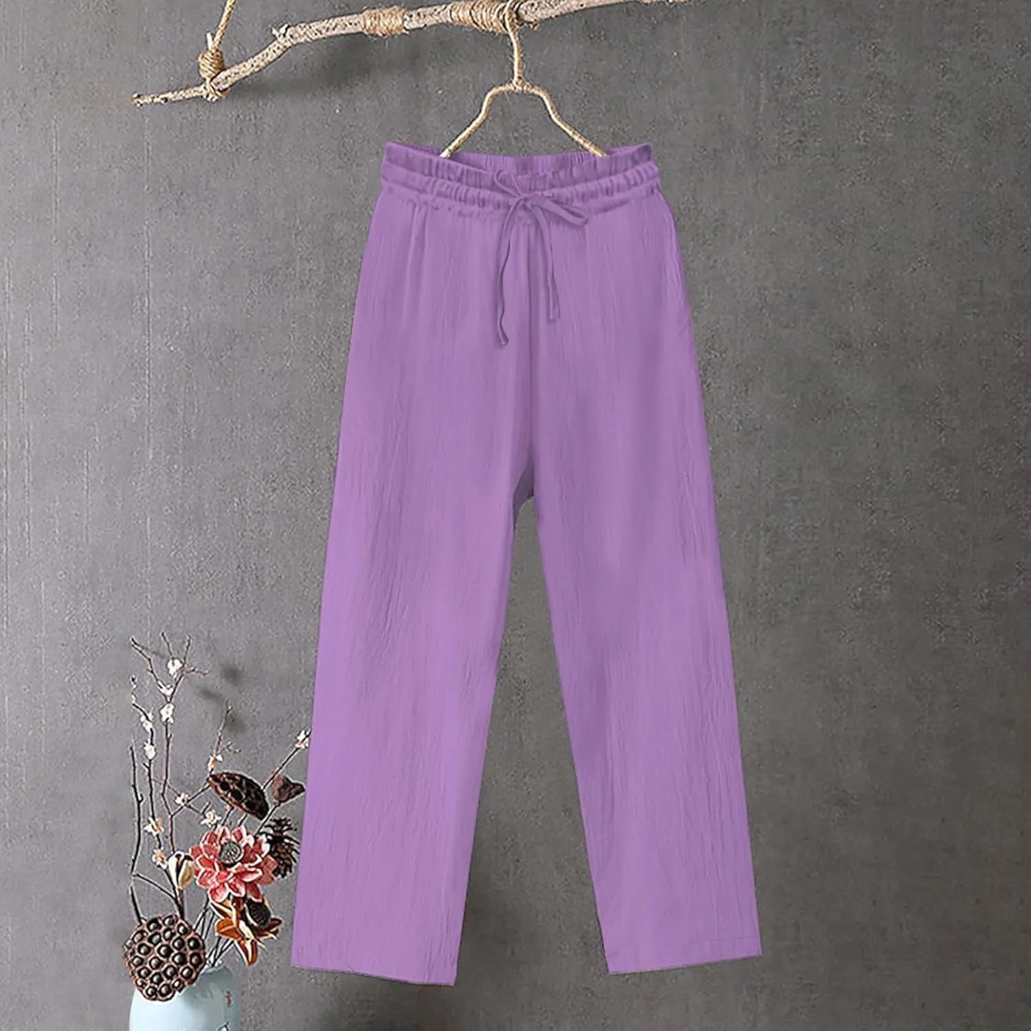Oplxuo Women's Cotton Linen Pants Casual Straight Wide Leg Elastic Waist Drawstring Trousers Beach Summer Pants with Pockets
