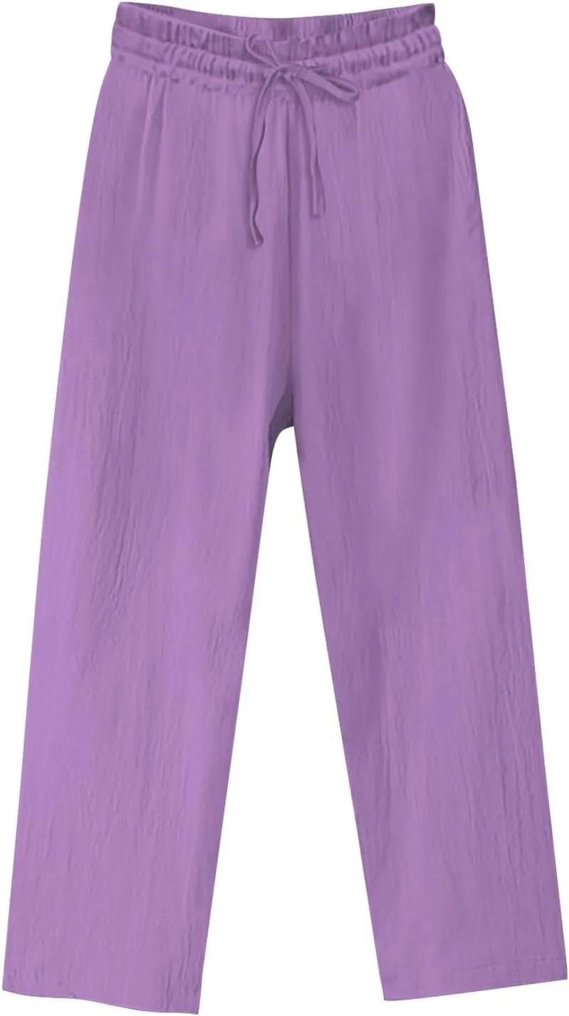 Oplxuo Women's Cotton Linen Pants Casual Straight Wide Leg Elastic Waist Drawstring Trousers Beach Summer Pants with Pockets