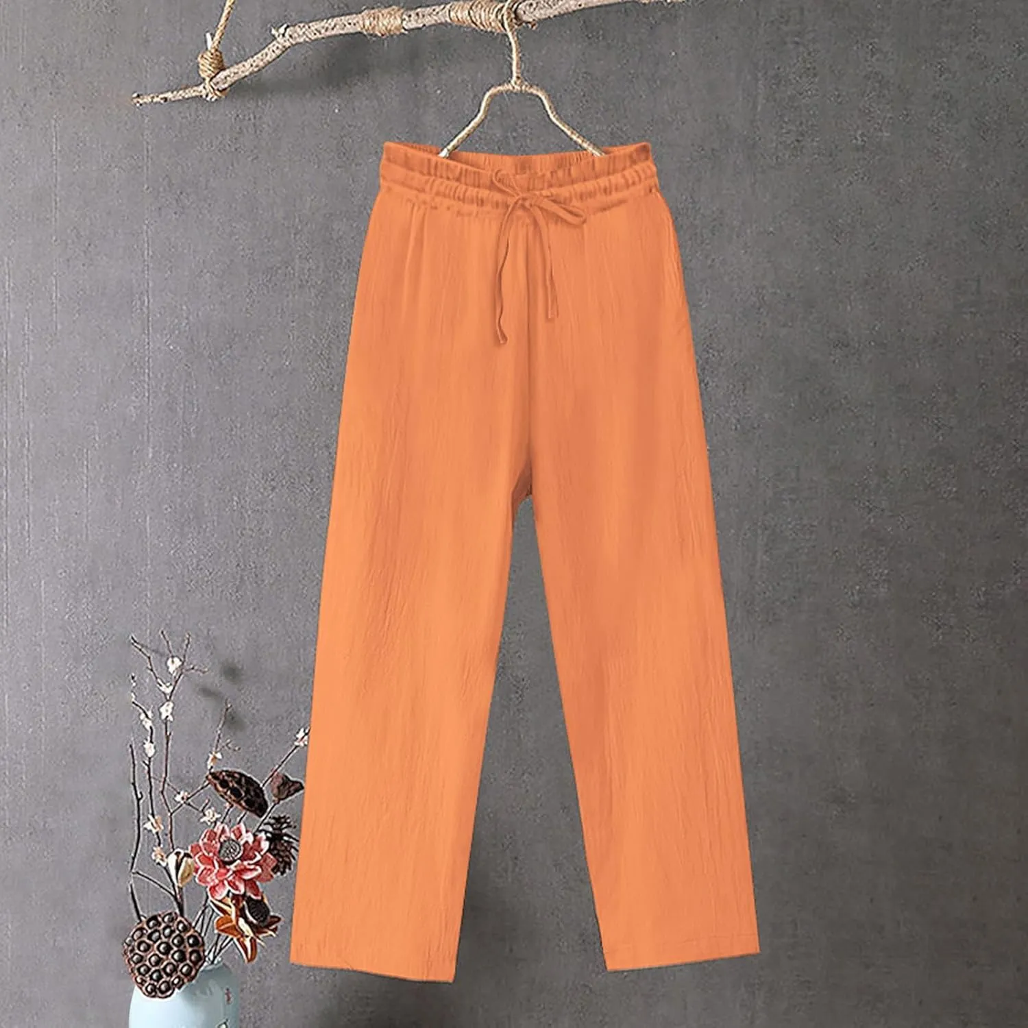 Oplxuo Women's Cotton Linen Pants Casual Straight Wide Leg Elastic Waist Drawstring Trousers Beach Summer Pants with Pockets
