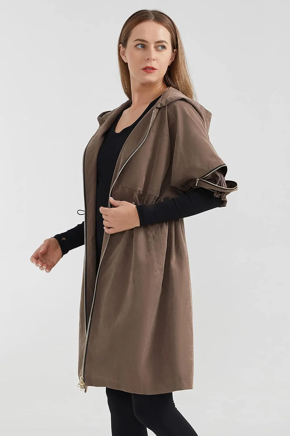 Orolay Women's Half Sleeve Trench Coat Mid-Length Hooded Coat Zipper Closure