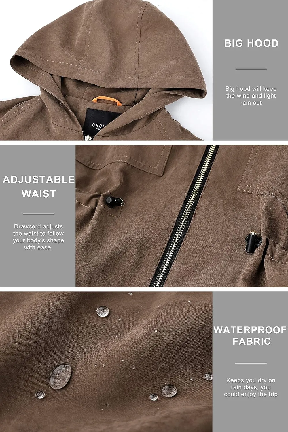 Orolay Women's Half Sleeve Trench Coat Mid-Length Hooded Coat Zipper Closure