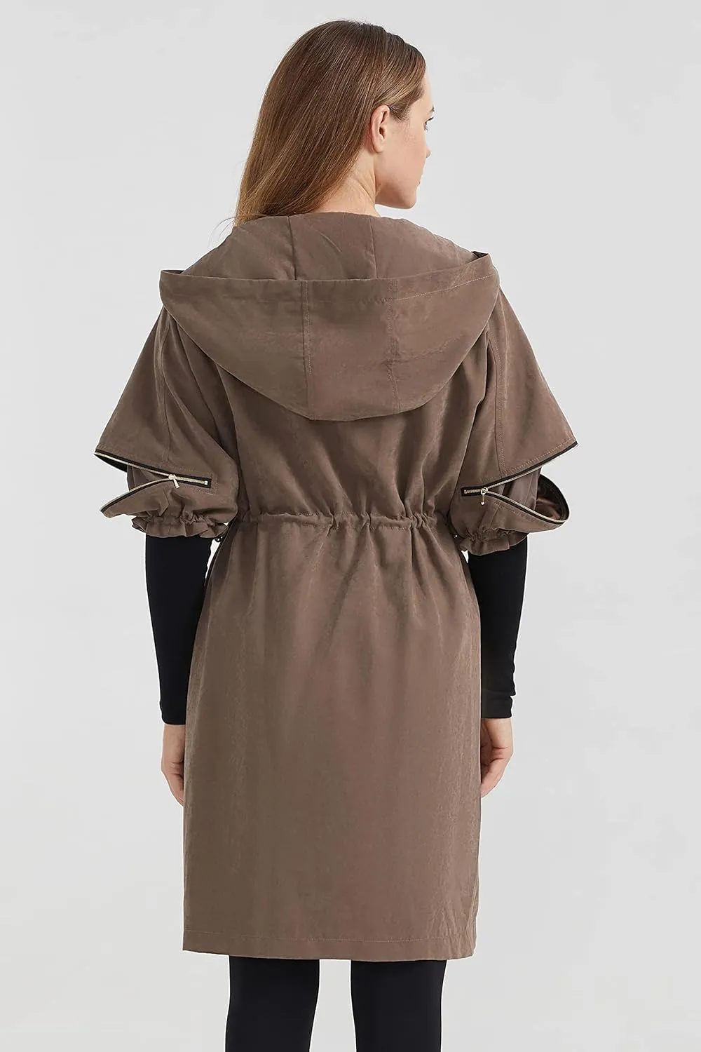 Orolay Women's Half Sleeve Trench Coat Mid-Length Hooded Coat Zipper Closure